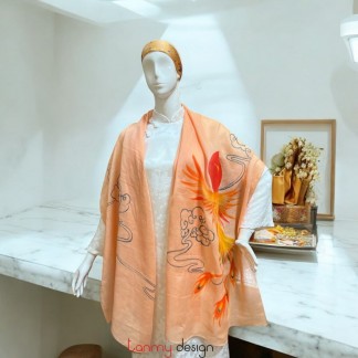 Khăn gai dài màu cam nhạt vẽ tay hình phượng hoàng 70*190cm